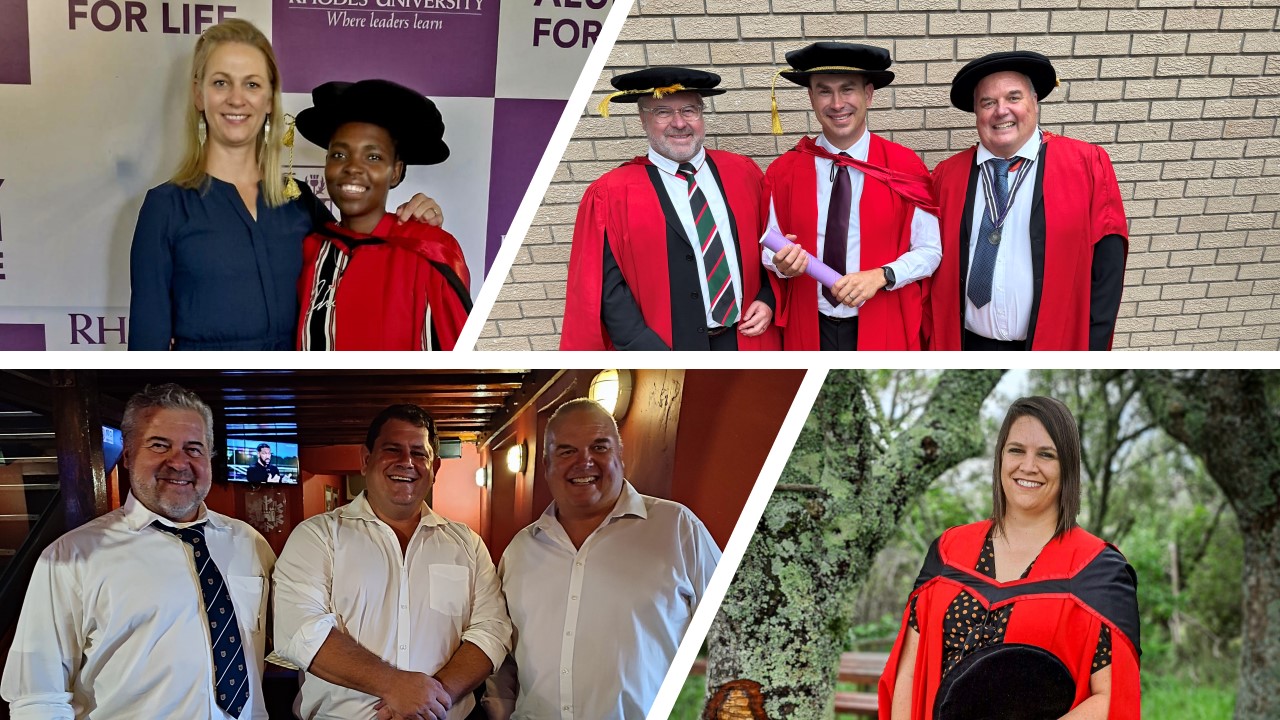 Top: Dr Baso-Mdiza with Julie Coetzee, Dr de Beer with Sean Moore and Martin Hill; Bottom: Wayne Mommsen with Sean Moore and Martin Hill, and Dr Wolmarans. Gretha van Staden graduated in absentia. 